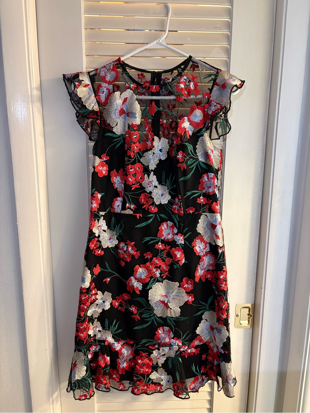 Donna Morgan Black Dress with Red and White Floral Embroidery